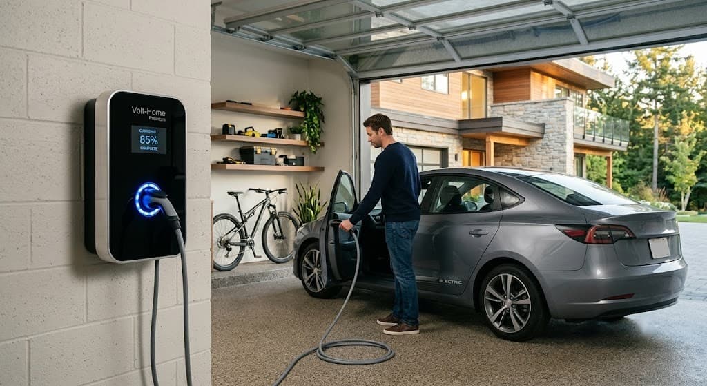 Homeowner charging an electric vehicle with a wall-mounted EV charger in a modern garage