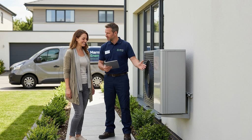 Installer explaining an outdoor air-source heat pump to a homeowner outside a modern home