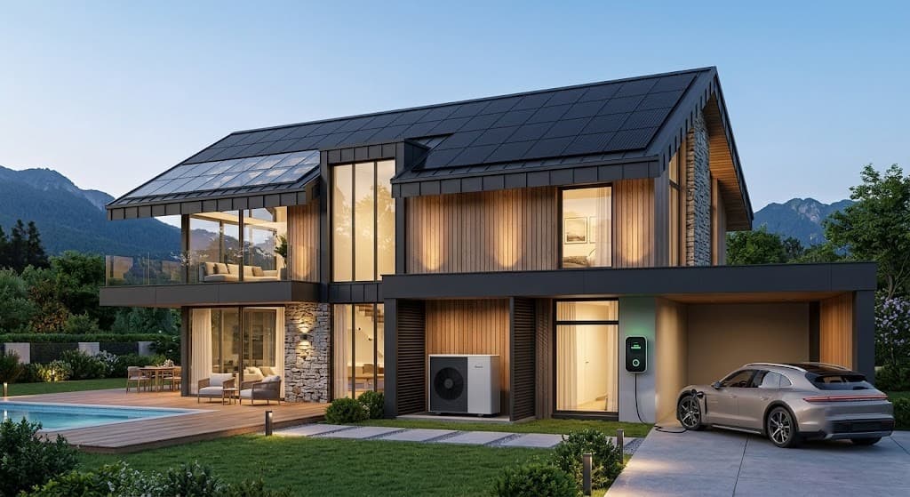 Modern sustainable home with solar panels, heat pump, and EV charging at dusk